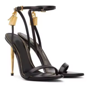 Designer womens Sandals metal padlock Narrow word band golden high-heeled sandal women's leather high-heeled shoes